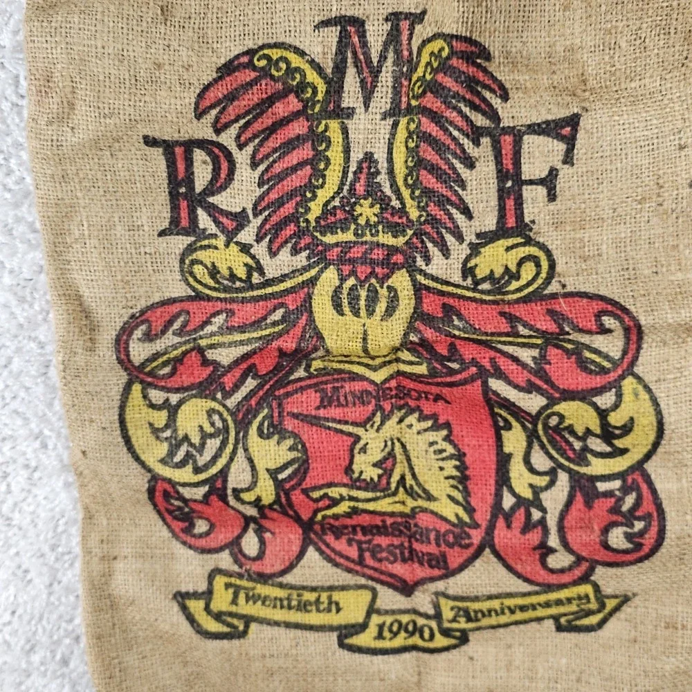 Vtg MN Renaissance Festival 20th Anniversary 1990 Burlap Sack‎ Bag Tote Emblem